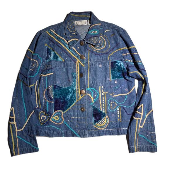 Vtg 1990s Sara Studio Blue Velvet Patchwork Embroidered Denim Trucker Jacket XL - Picture 1 of 4